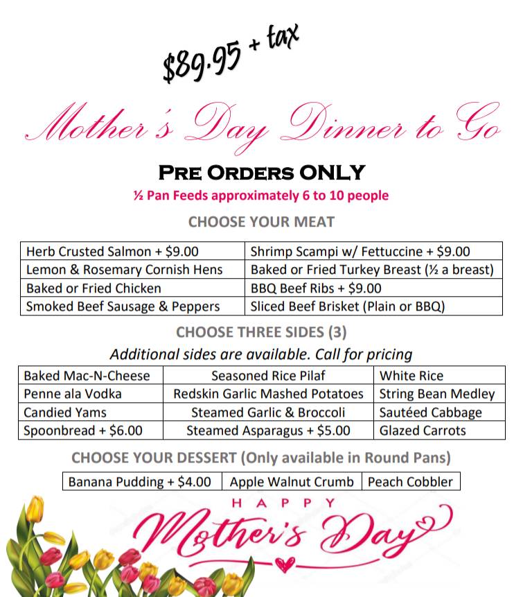 Mothers Day Dinner To Go - Menu